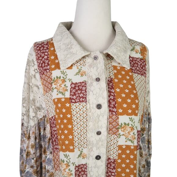 POL Toffee Floral and Lace Patchwork Button Down Shirt M - Picture 3 of 10